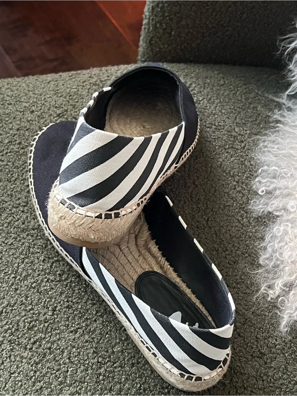 Off-White Black Canvas Espadrille Slip-Ons with Black-and-White Striped Heel